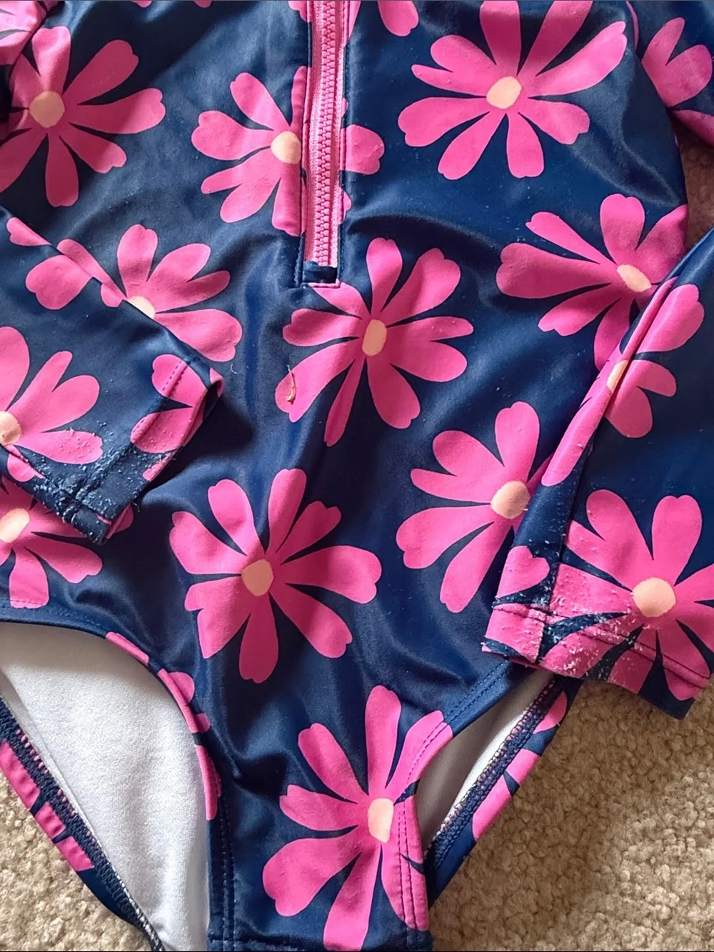 Carter’s 2T Girls Navy Floral Long-Sleeve One-Piece Swimsuit with Pink Flowers